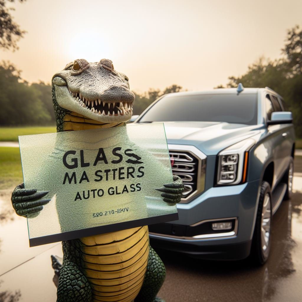 Alligator holding auto glass sign near SUV.